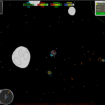 Piloting of a missile destroyer with asteroids and enemy ships in the background
